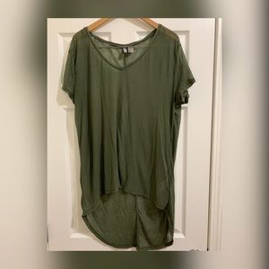 Sheer Hi-Lo Olive Green V-Neck Long Tunic Top